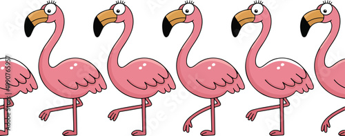 Cute pink flamingo cartoon character vector set featuring tropical birds with big eyes for summer party decor invitations kids nursery art and wildlife designs, 19 words.