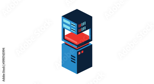 Isometric Blue Server Rack Unit with Red Light Graphic