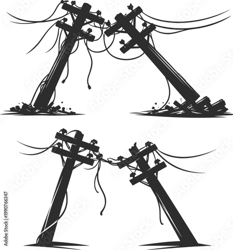 Minimal Black and White Broken Power Poles Vector Illustration with Tangled Wires.