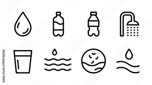 Water Utility & Real Estate Line Icon Set  Drop, Bottle, Tide Indicators and Shower Symbols