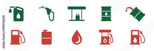 Variety of gas pump icons, green red color variation, modern flat design