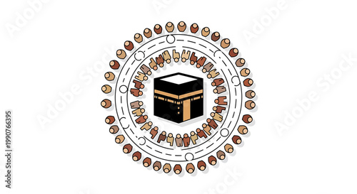Islamic Hajj Pilgrimage Illustration Featuring Kaaba and People in Circular Formation Flat Design