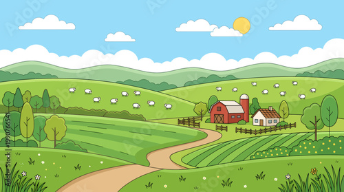 A serene countryside landscape with a winding road leading to a red barn and house under a sunny sky with fluffy clouds.
