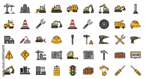 Construction site icons set building equipment vehicles tools and safety elements flat vector illustrations