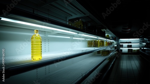 Cinematic shot of a single bottle of golden vegetable oil left on a nearly empty supermarket shelf under harsh neon lighting, representing food scarcity, supply chain crisis, and rising inflation.