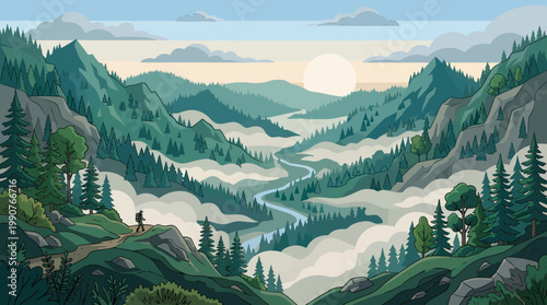 A serene mountain landscape with a winding river flowing through a valley surrounded by trees and fog under a sunny sky.