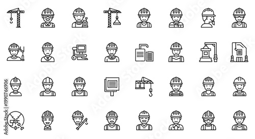 Diverse Construction Worker Icons Set Featuring Cranes, Blueprints, and Various Safety Helmets With Tools For Industry