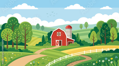 A serene rural landscape with a red barn surrounded by lush greenery and a winding road under a blue sky with fluffy white clouds.