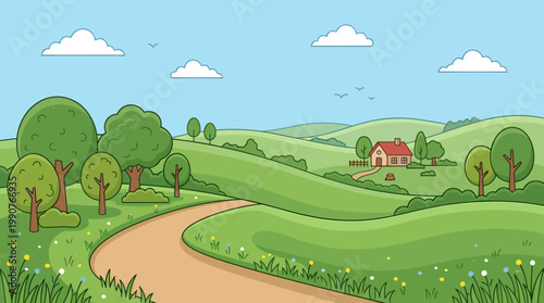 A serene landscape of rolling hills and trees with a winding road leading to a house under a blue sky with clouds.