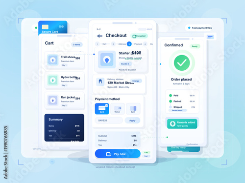 Layered mobile checkout interface with shopping cart, secure payment method, delivery details and order confirmation app screen sequence.