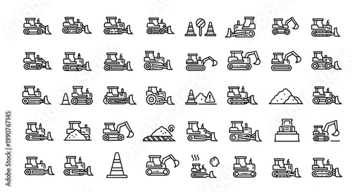 Set of line art construction equipment icons including excavators, bulldozers, loaders, and road cones, white background, vector illustration