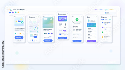 Travel mobile app UI kit showing hotel search, booking summary, payment confirmation, profile, and notification screens in pastel colors.