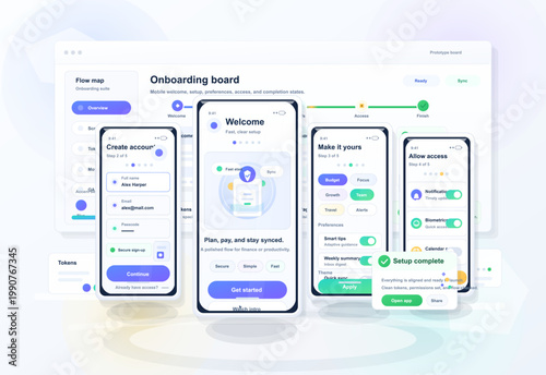 Mobile user onboarding prototype board with account signup, welcome, preferences, access permissions and setup completion mobile UI screens.