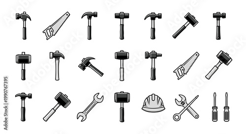 Collection of construction and repair tools icons set vector illustration of hammer, saw, wrench, hard hat and screwdrivers