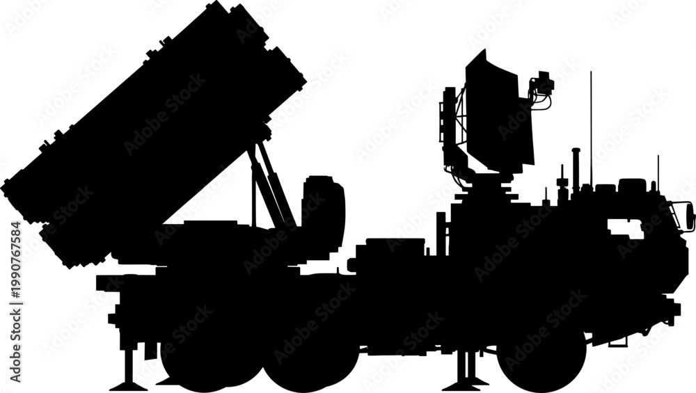Obraz premium Surface to air missile system silhouette with radar and a launcher