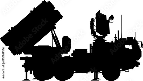 Surface to air missile system silhouette with radar and a launcher