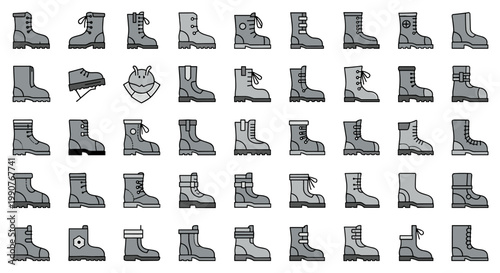 Collection of flat design boots icons and symbols in various styles, representing footwear diversity and outdoor gear on a white background