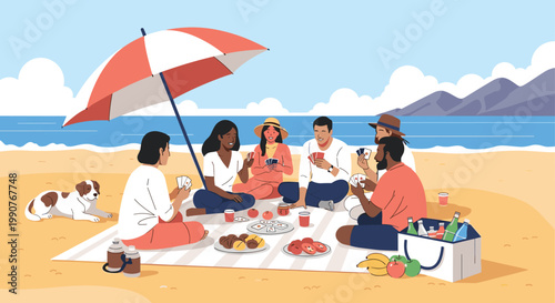 Group of diverse friends having a picnic and playing a fun card game on a sandy beach under a large striped sun umbrella.