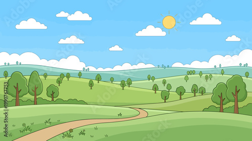 A serene landscape of rolling hills and trees under a sunny sky with clouds and a winding road.