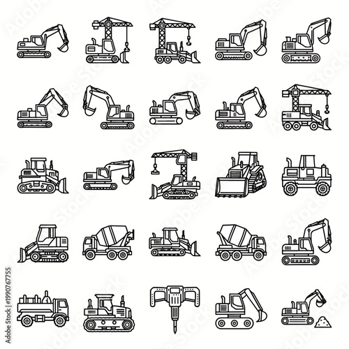 Collection of Outline Construction Machines and Vehicles, Excavators, Cranes, Loaders, Cement Mixer, Jackhammer, Bulldozer