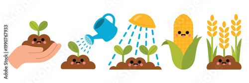 Kawaii agricultural growth stages flat icons with corn and wheat
