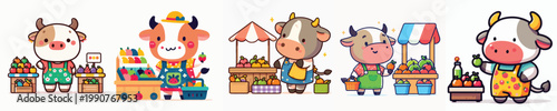 cute bull vector shopping for fruit