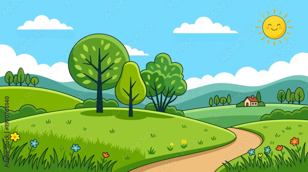 Fototapeta premium A sunny day with trees, flowers, and a winding road through green hills and mountains.
