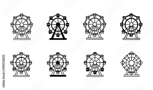 Ferris Wheel Icon Set Line Solid Filled And Colorful Amusement Park Attraction Vector Collection
