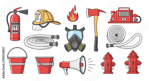 Extensive set of firefighting equipment including a red extinguisher, helmet, axe, gas mask, fire hose, and hydrants.