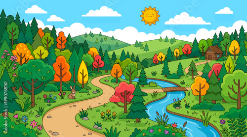 A serene landscape featuring a winding river through a vibrant forest with trees, flowers, and a sunny sky.