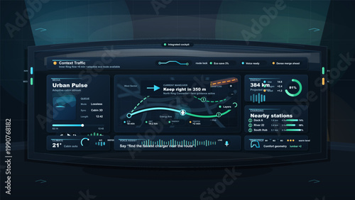 Futuristic electric vehicle cockpit dashboard with navigation route guidance, charging station list, energy range, climate, and voice assistant