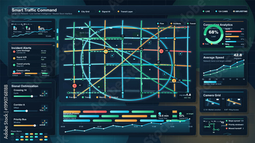 Smart traffic command dashboard interface with city grid map, incident alerts, congestion analytics, camera panels, and transit flow charts