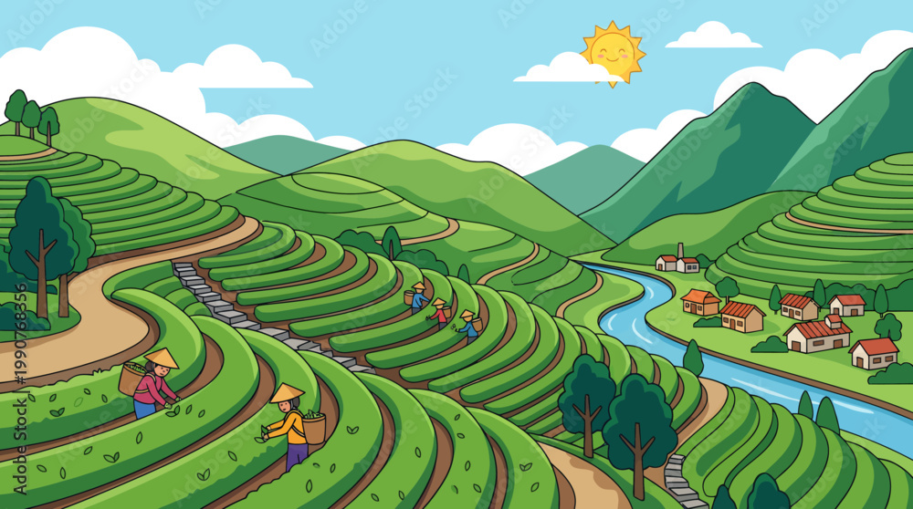 Fototapeta premium People work on tea plantations overlooking a serene village landscape with a river and mountains.