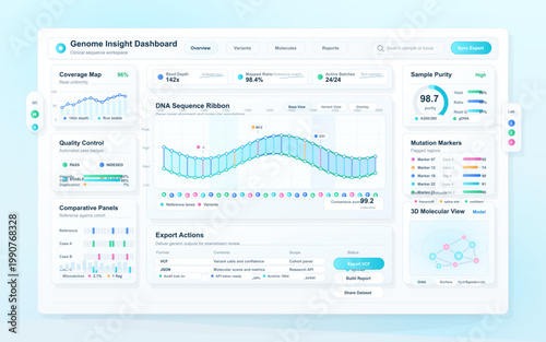 Clinical genomics dashboard interface with DNA sequence chart, coverage map, mutation markers, sample purity metrics, and export controls.