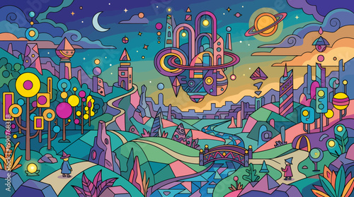 A vibrant futuristic cityscape unfolds under a colorful night sky with floating structures and whimsical architecture.