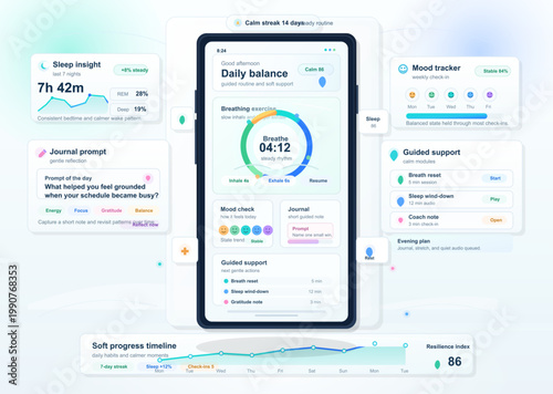 Flat vector pastel mobile wellness app interface with breathing timer, sleep insights, mood tracker, journal prompts and daily care panels