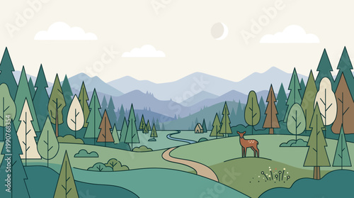 A serene horse grazes in a lush forest clearing surrounded by trees and a winding path.