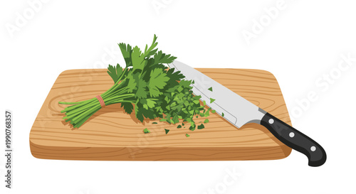 Fresh green parsley bunch being chopped with a sharp kitchen knife on a wooden cutting board for cooking preparation in a kitchen.