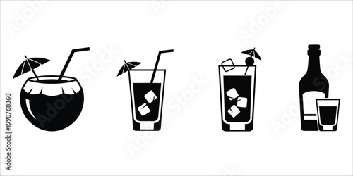 Tropical drinks and bottle illustration black and white vector graphics
