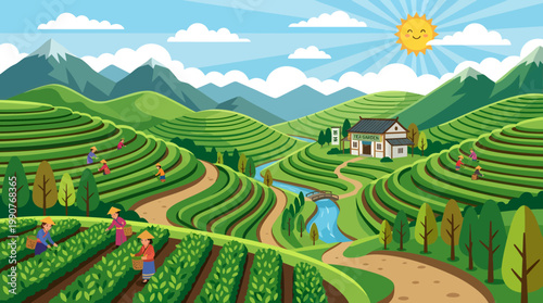 People harvesting tea leaves on rolling hills with mountains and sunny weather