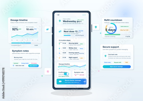 Medication management mobile app interface with dosage timeline, refill countdown, symptom notes, secure support, and daily schedule view.