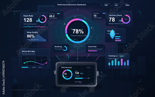 Dark athletic recovery dashboard interface with wearable health metrics, heart rate, sleep quality, hydration and training load widgets