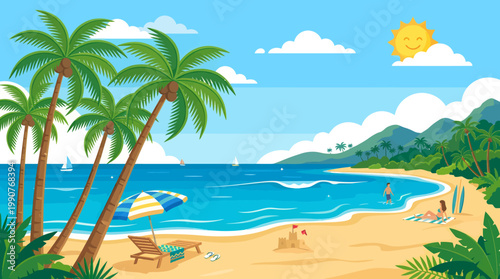 A sunny day at the beach with palm trees, people relaxing on lounge chairs by the ocean.