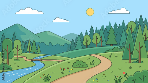 A serene landscape with a winding river flows through a forest and green hills towards mountains under a sunny sky with clouds.