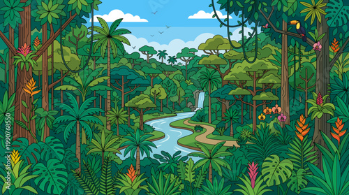 A serene jungle landscape with a winding river flowing through dense tropical foliage and trees under a blue sky.