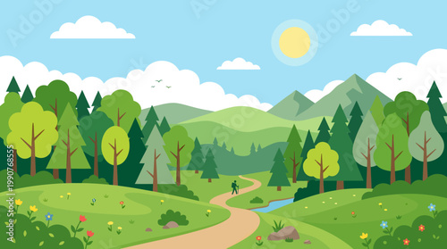 A serene landscape with a winding road through a lush green forest and mountain range under a sunny sky.