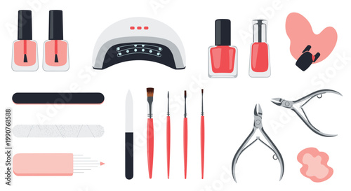 Set of professional manicure and pedicure tools including nail polish, UV lamp, files, brushes, and clippers on a white background.