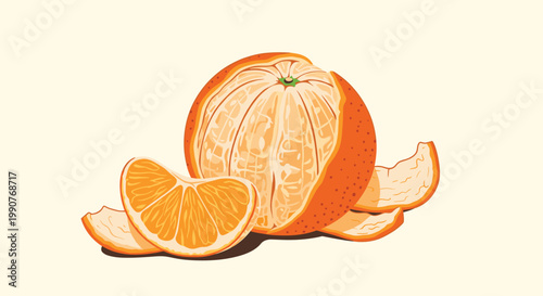Ripe orange fruit partially peeled showing the segments inside with a separate slice and pieces of peel on a light beige background.
