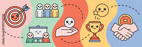 Business growth strategy banner with cute kawaii doodle line art