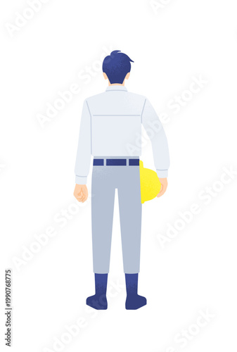 ヘルメットを手に力強く立つ男性 決意を感じる背中 未来を見つめる現場監督の後ろ姿